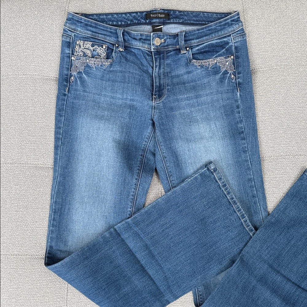 White House Black Market Blue Boot Cut Jeans with Embroidery